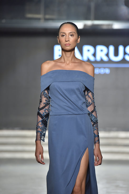 MADONNA COLLAR DRESS WITH EMBROIDERED SLEEVES - Barrus London